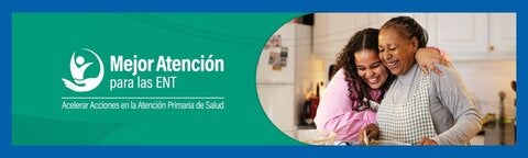 Ilustración simbólica de un centro de salud con el nombre de Mejor Atención para las ENT